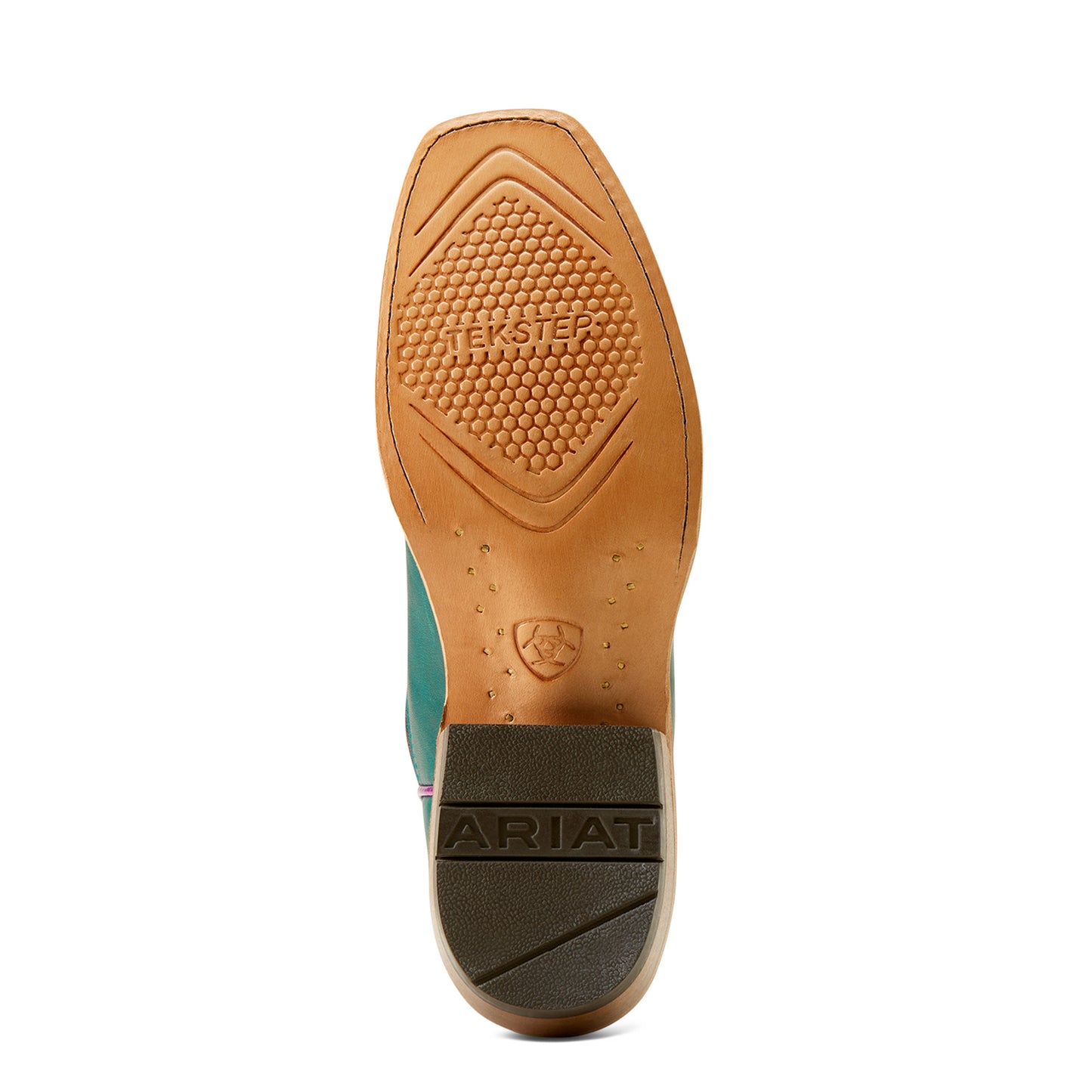 Close-up of a leather boot sole with 'Ariat' branding on a white background
