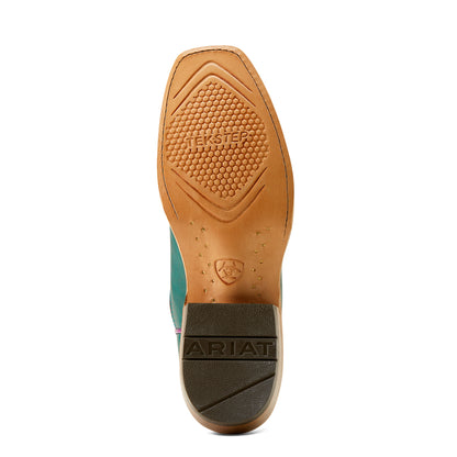 Close-up of a leather boot sole with 'Ariat' branding on a white background