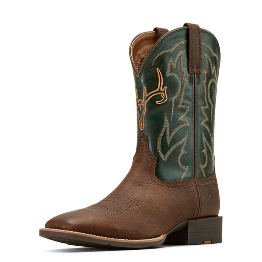 A tack green and oiled brown 'Sport Outdoor' men's boot by Ariat, featuring a square toe and deer skull embroidered detailing.
