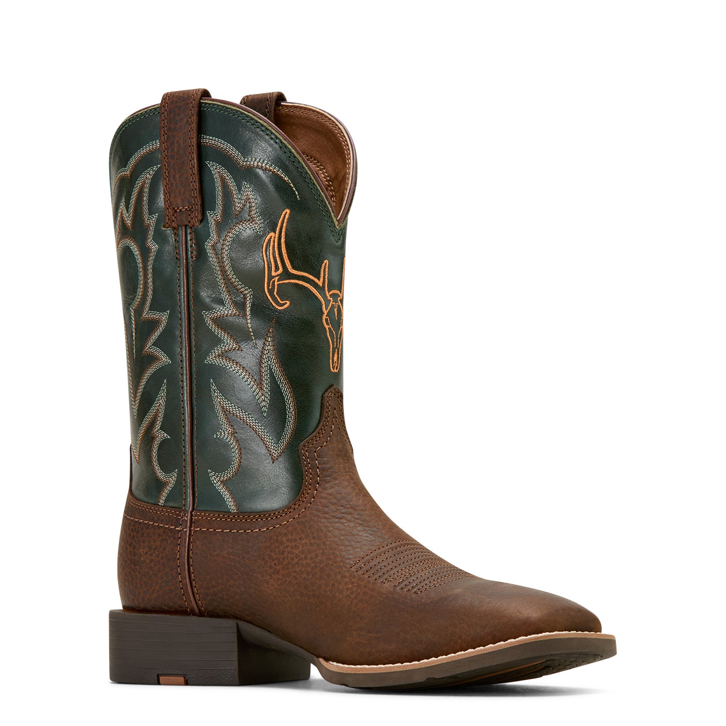 A tack green and oiled brown 'Sport Outdoor' men's boot by Ariat, featuring a square toe and deer skull embroidered detailing.