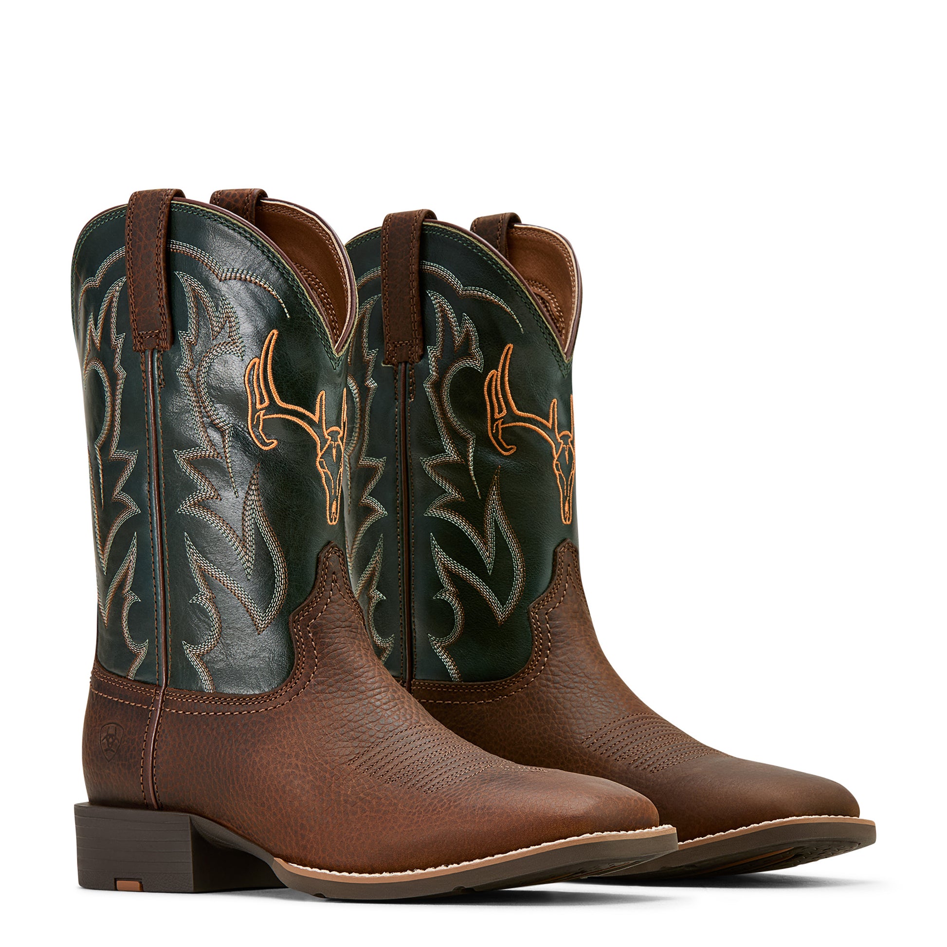 a pair of tack green and oiled brown 'Sport Outdoor' men's boot by Ariat, featuring a square toe and deer skull embroidered detailing.