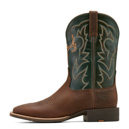 A tack green and oiled brown 'Sport Outdoor' men's boot by Ariat, featuring a square toe and embroidered detailing.
