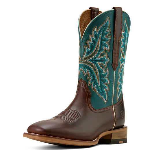 Brown and teal cowboy boot with intricate patterns on a white background