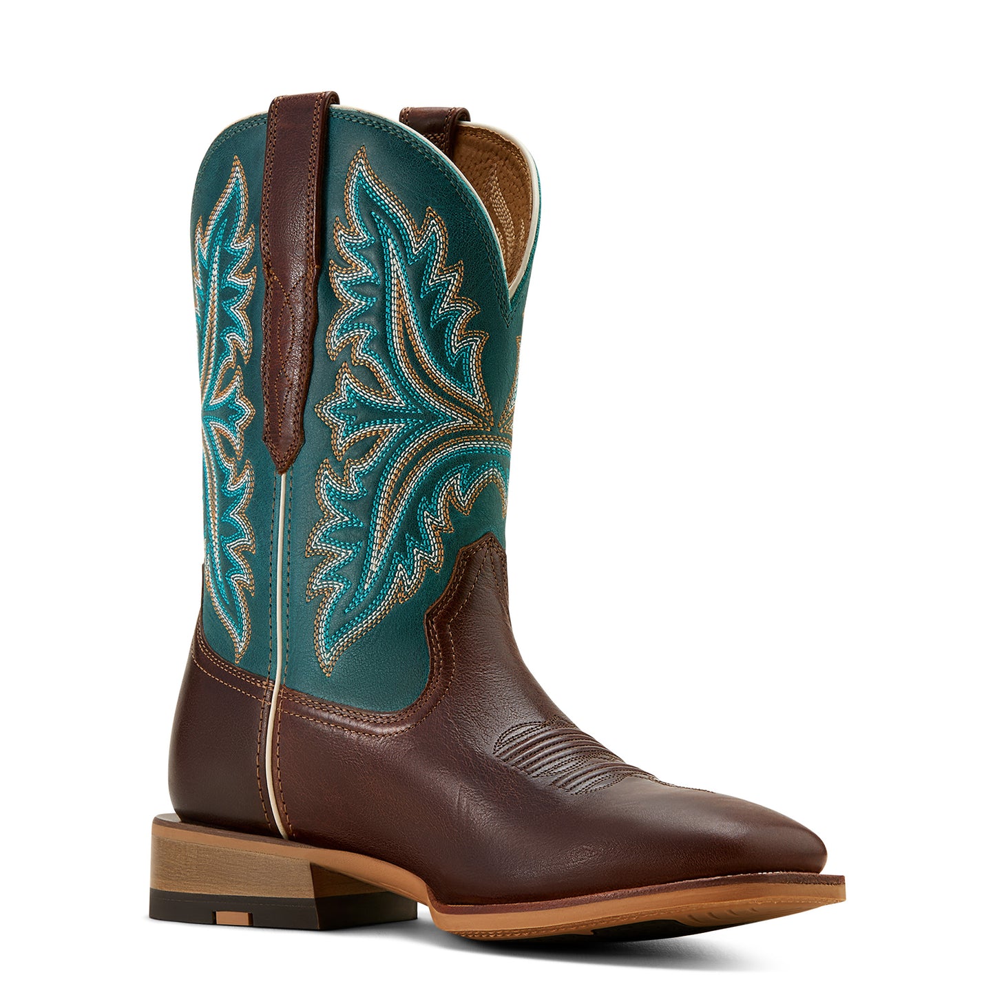 Brown and teal cowboy boot with intricate stitching on a white background