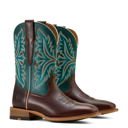 Pair of brown and teal cowboy boots with intricate patterns on a white background