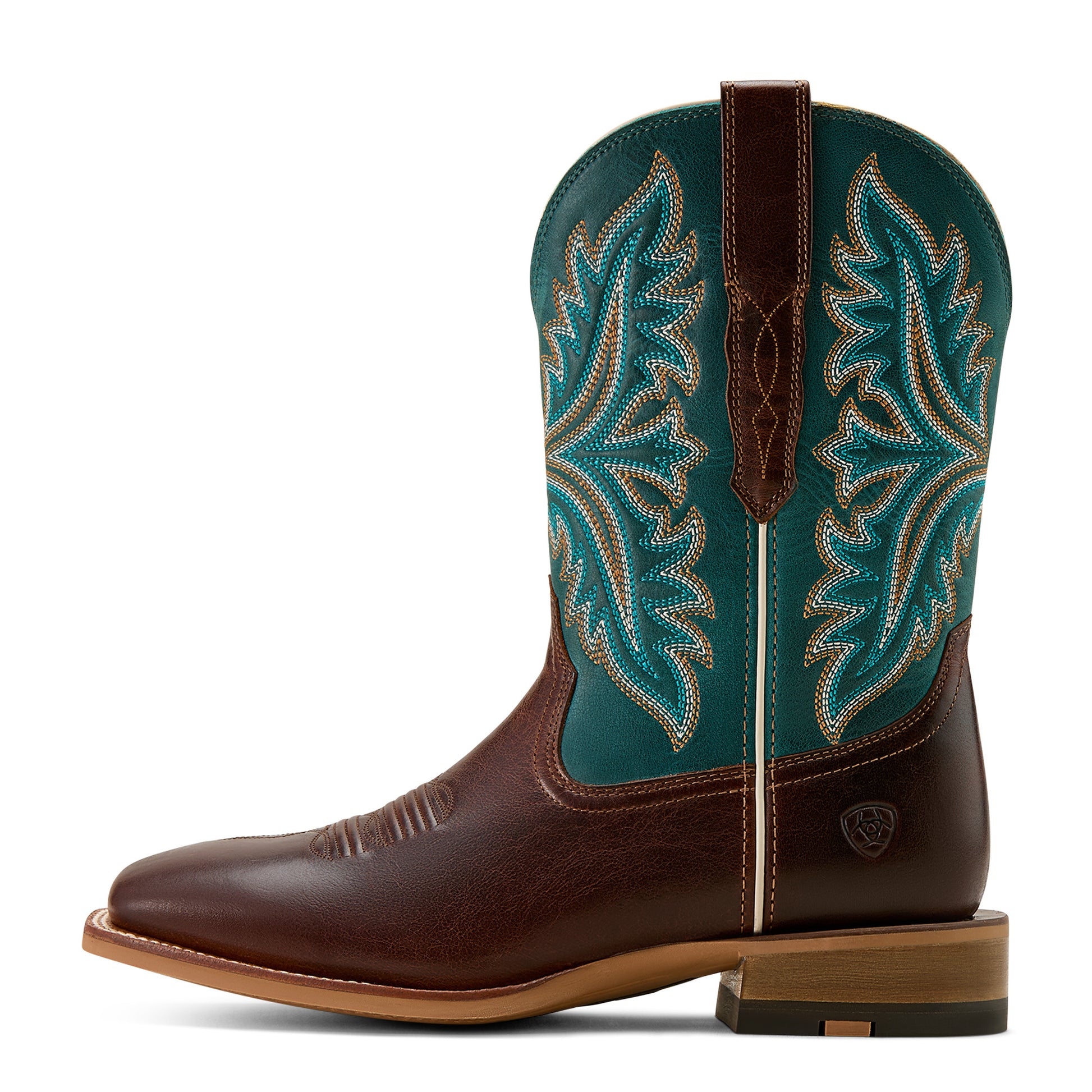 Brown and teal cowboy boot with intricate stitching on a white background