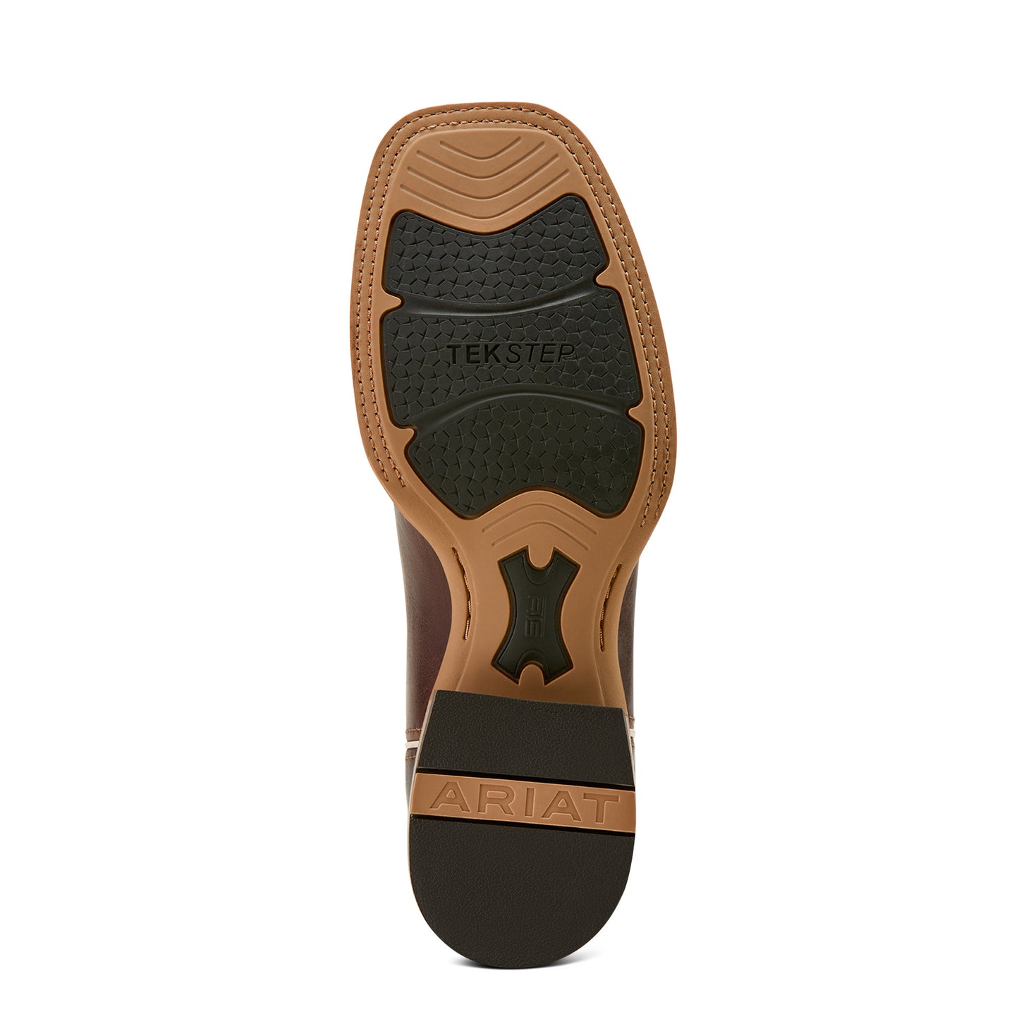 Close-up of a boot sole with 'Tek Step' and 'ariat' branding on a white background