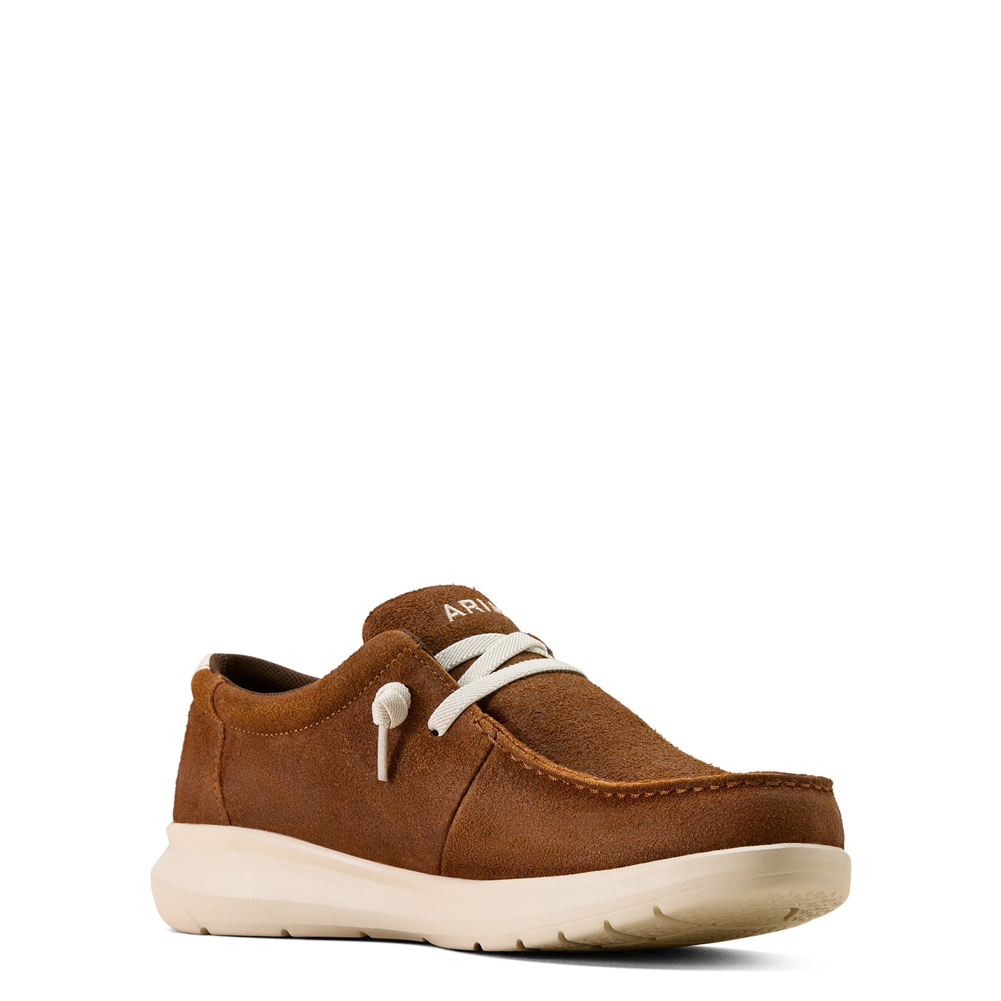 Brown casual Ariat shoe with white laces on a white background