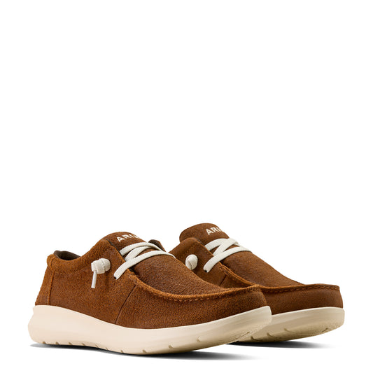 Brown Ariat shoes with white laces on a white background