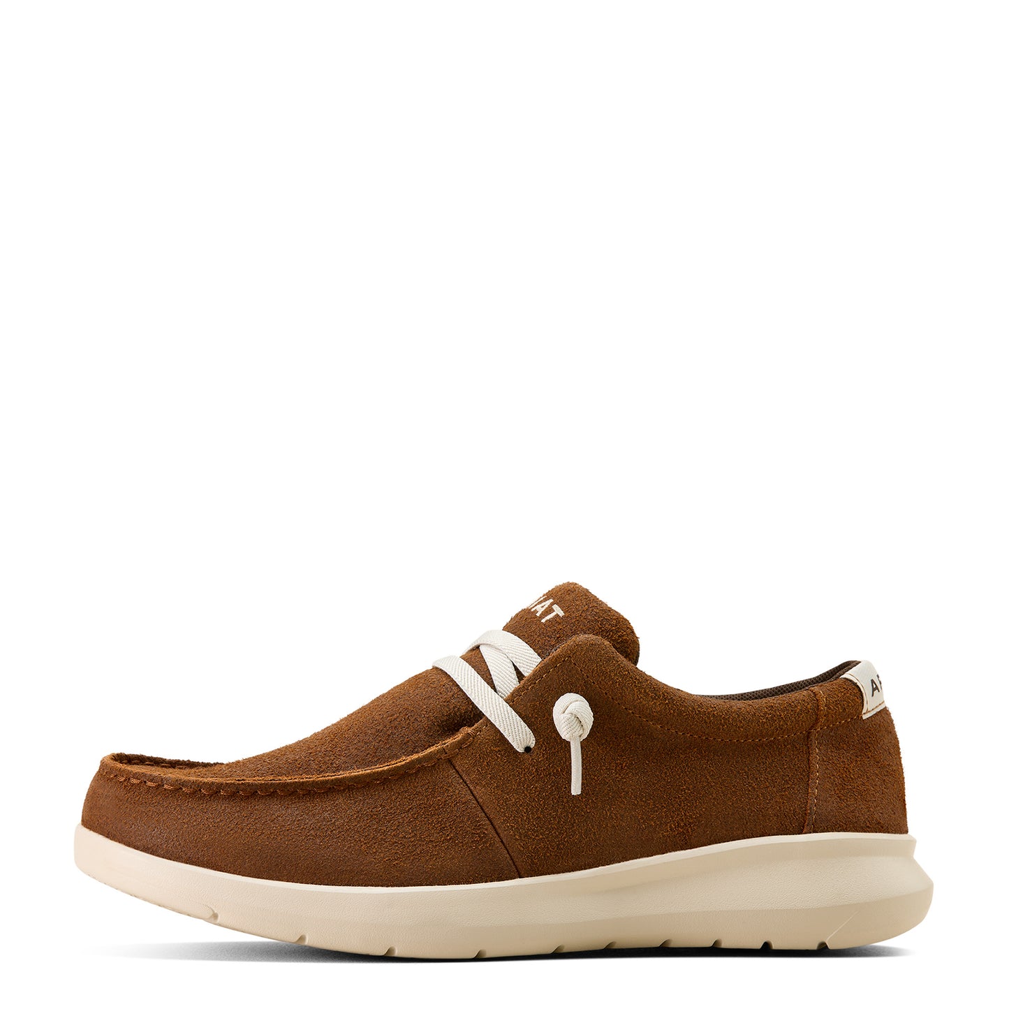 Brown Ariat shoe with white laces on a white background