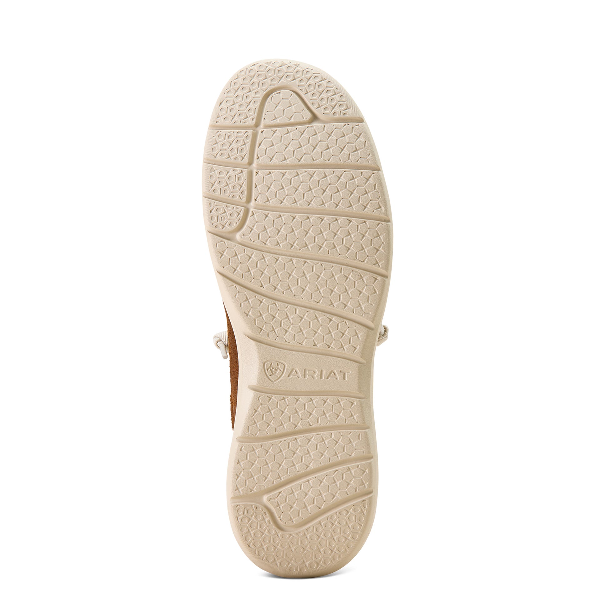 Close-up of a shoe outsole with 'Ariat' branding on a white background