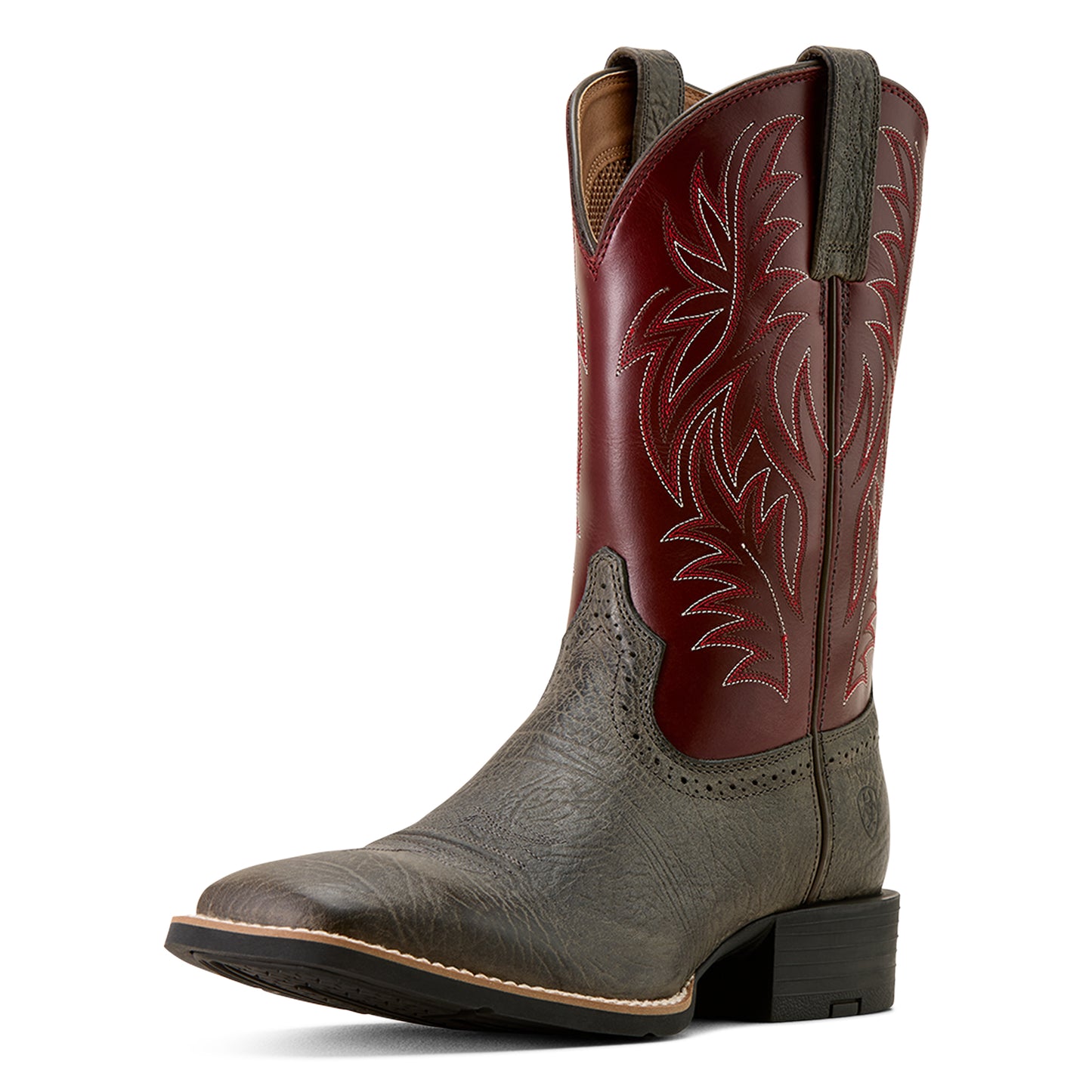 Purple and gray ariat cowboy boot with intricate stitching on a white background