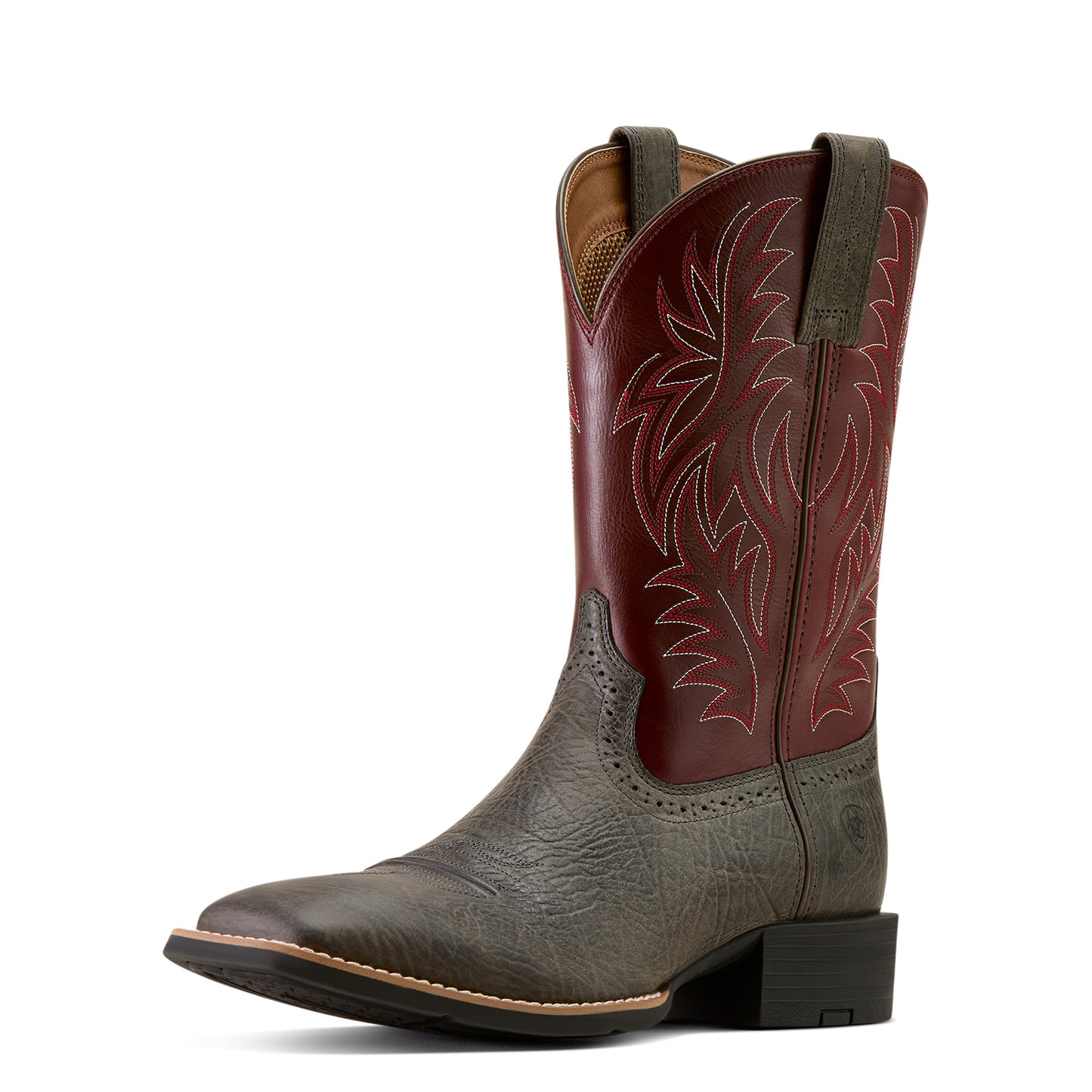 purple and gray ariat cowboy boot with intricate stitching on a white background