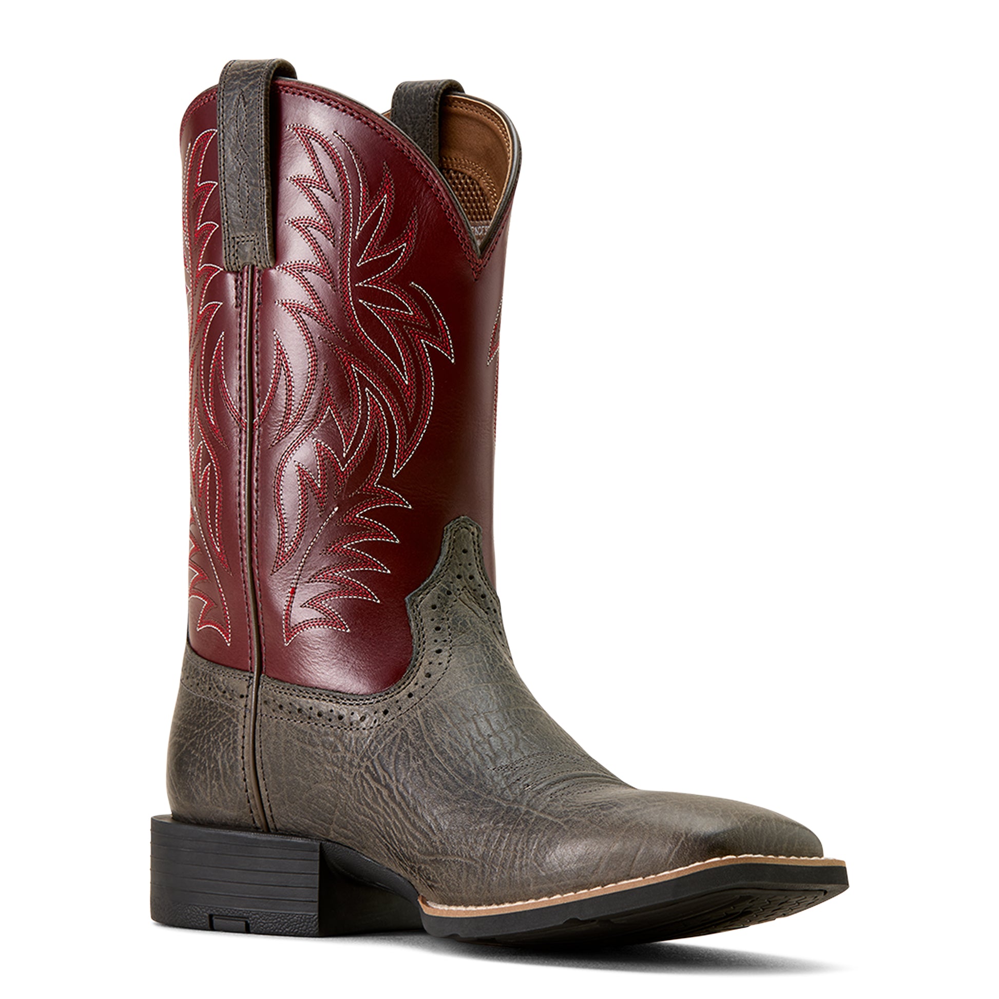 grey and purple ariat cowboy boot on a white background