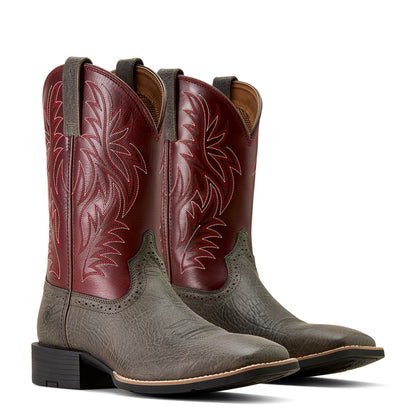 Pair of grey and purple ariat cowboy boots on a white background
