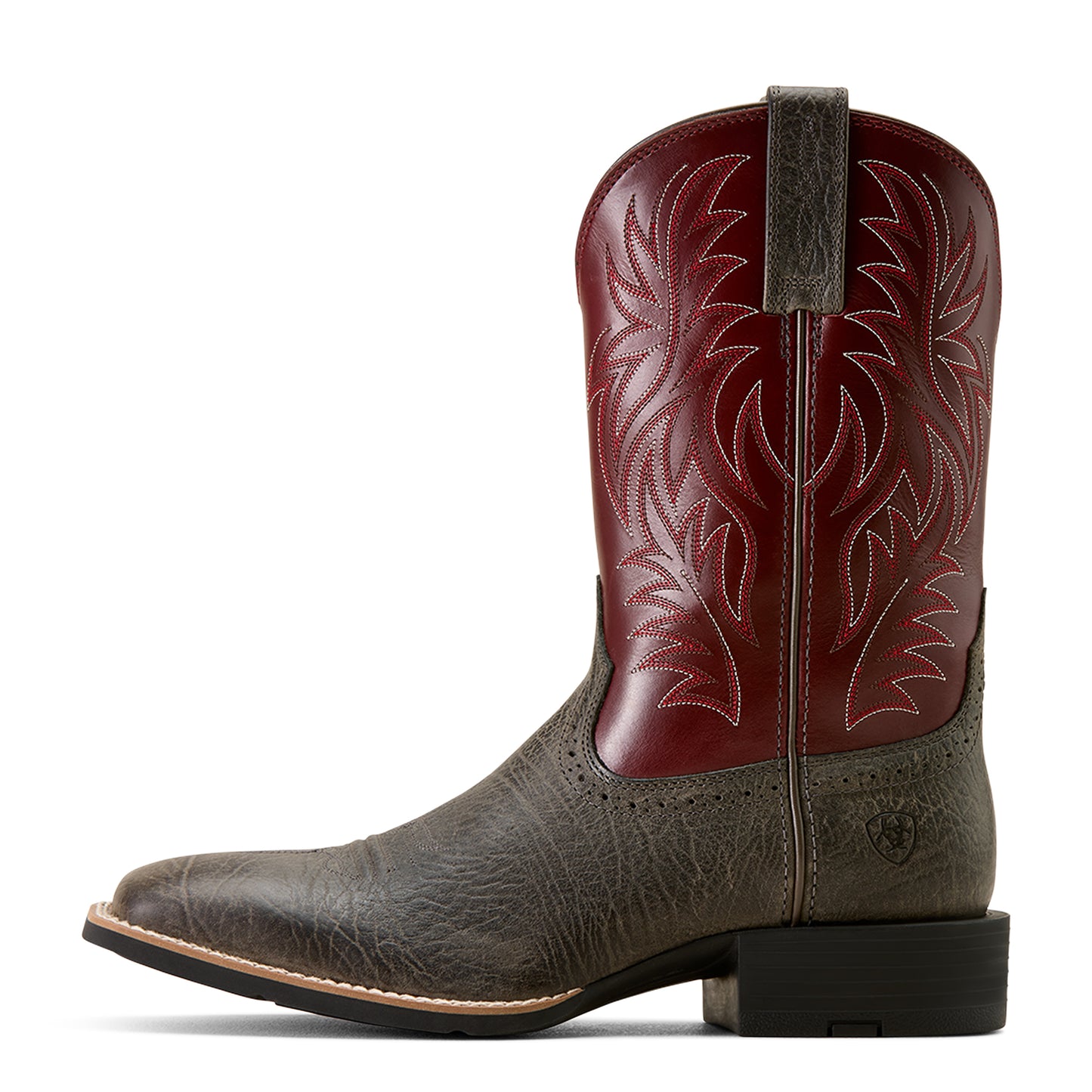 Grey and purple ariat cowboy boot with intricate stitching on a white background