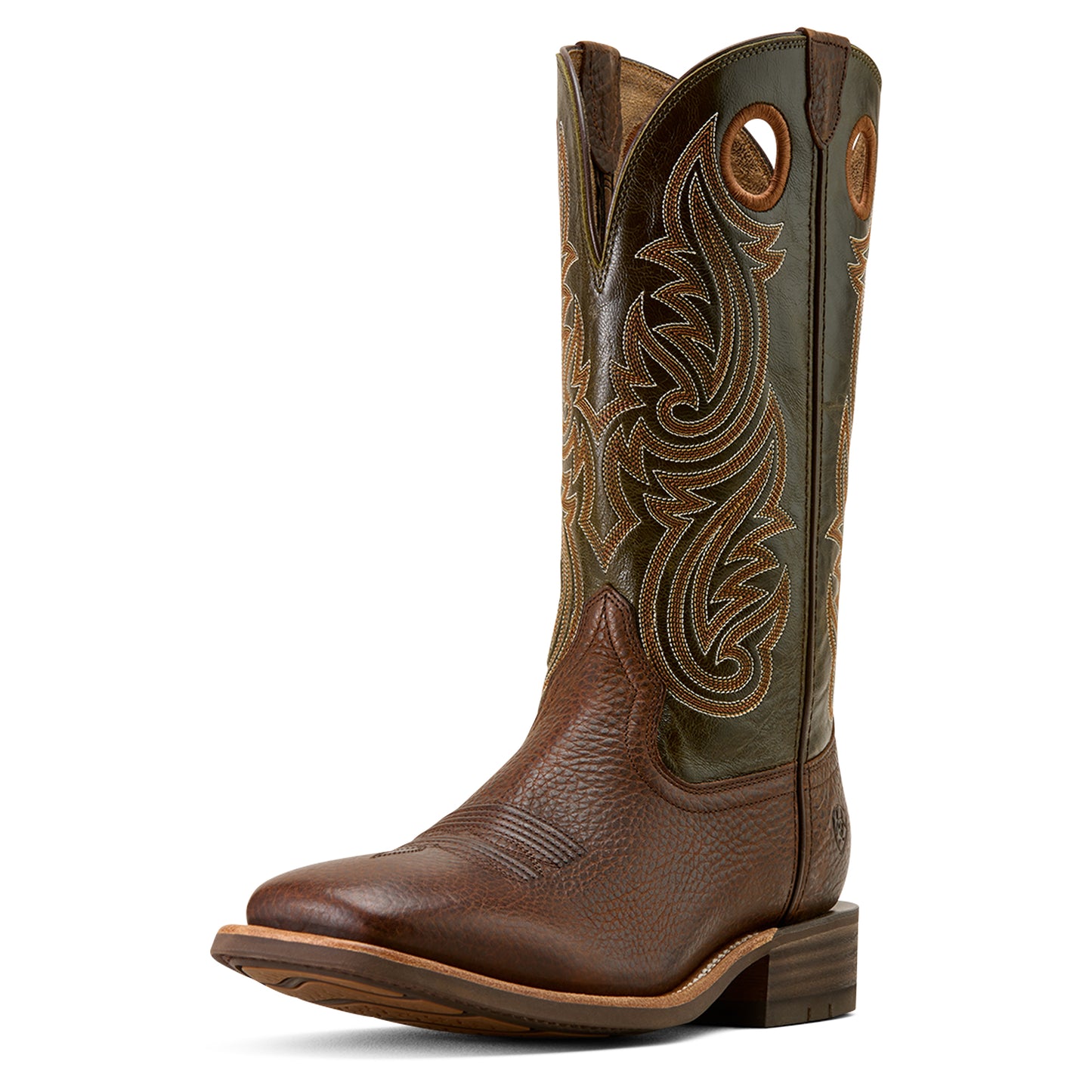 Brown Ariat cowboy boot with intricate stitching on a white background