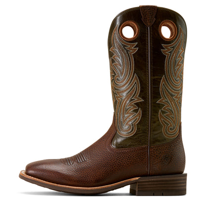 Brown Ariat cowboy boot with intricate stitching on a white background
