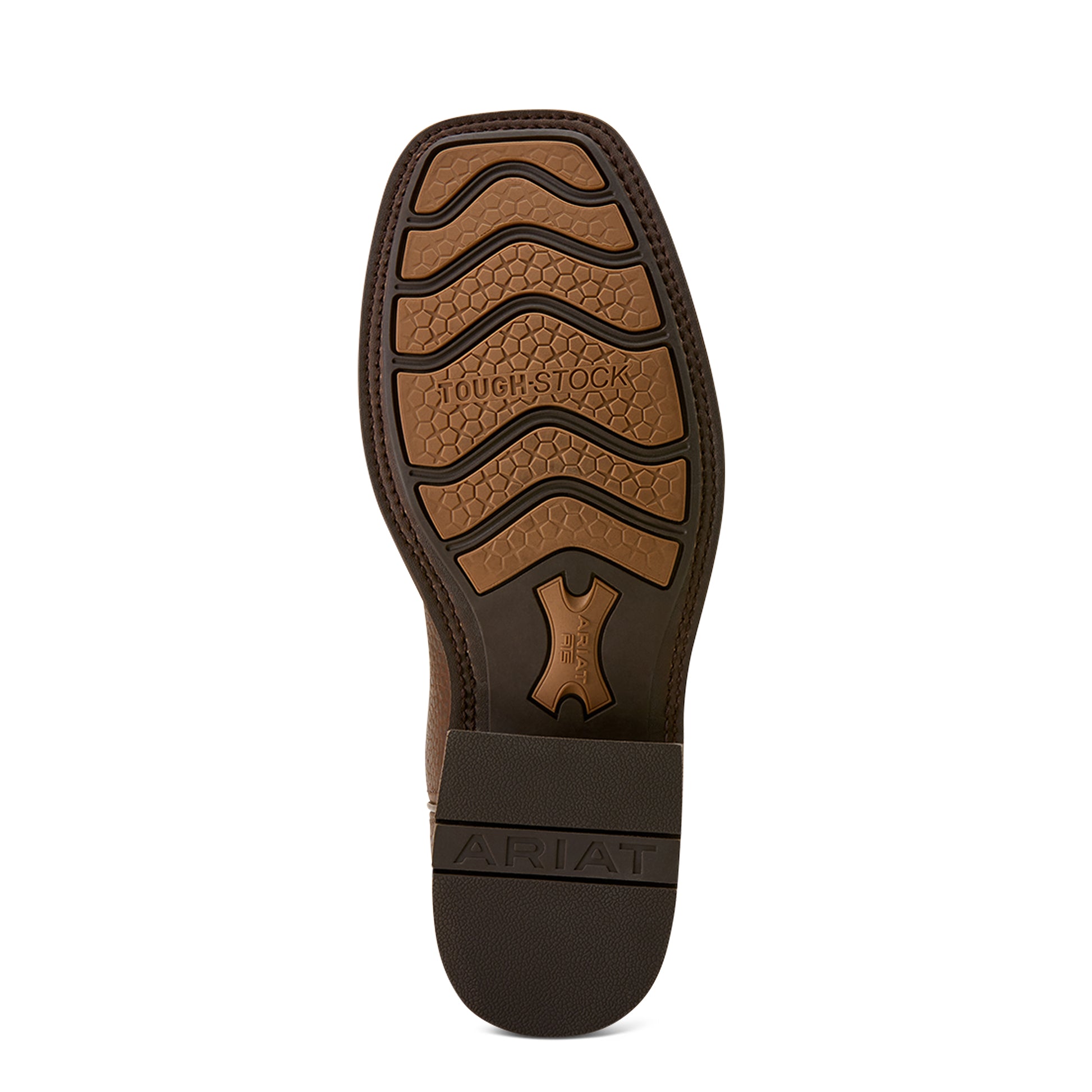 Rubber outsole of Cowboy boot with 'Ariat' branding on a white background