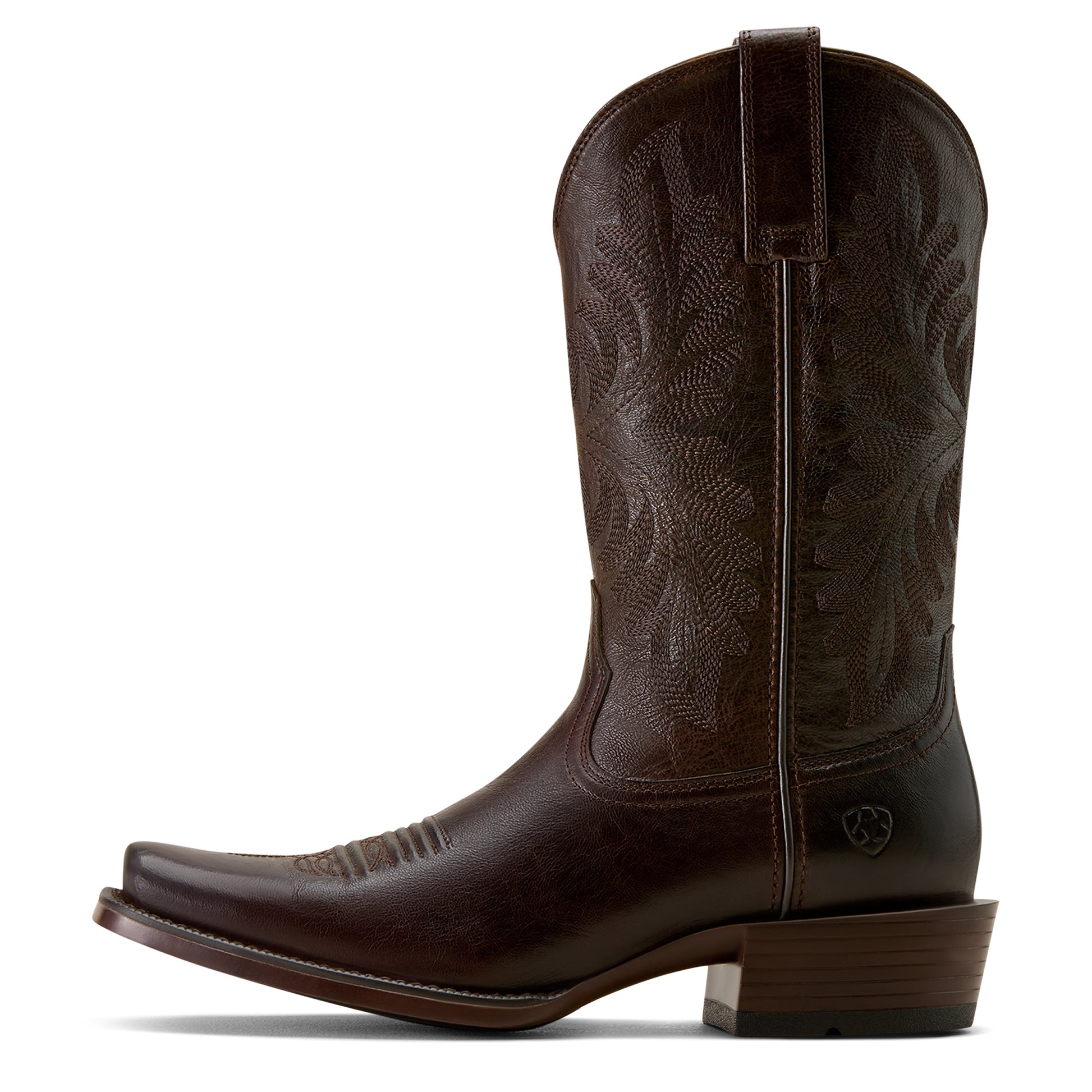 Brown ariat cowboy boot with intricate design on a white background