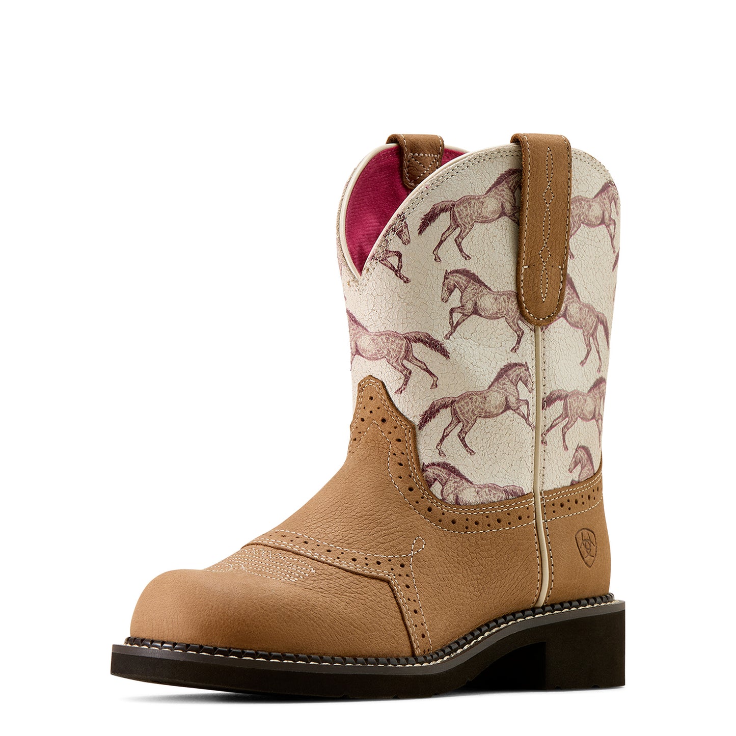 Tan Ariat cowboy boot with horse pattern on a white background