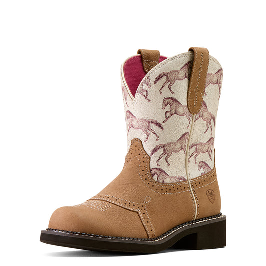 Tan Ariat cowboy boot with horse pattern on a white background