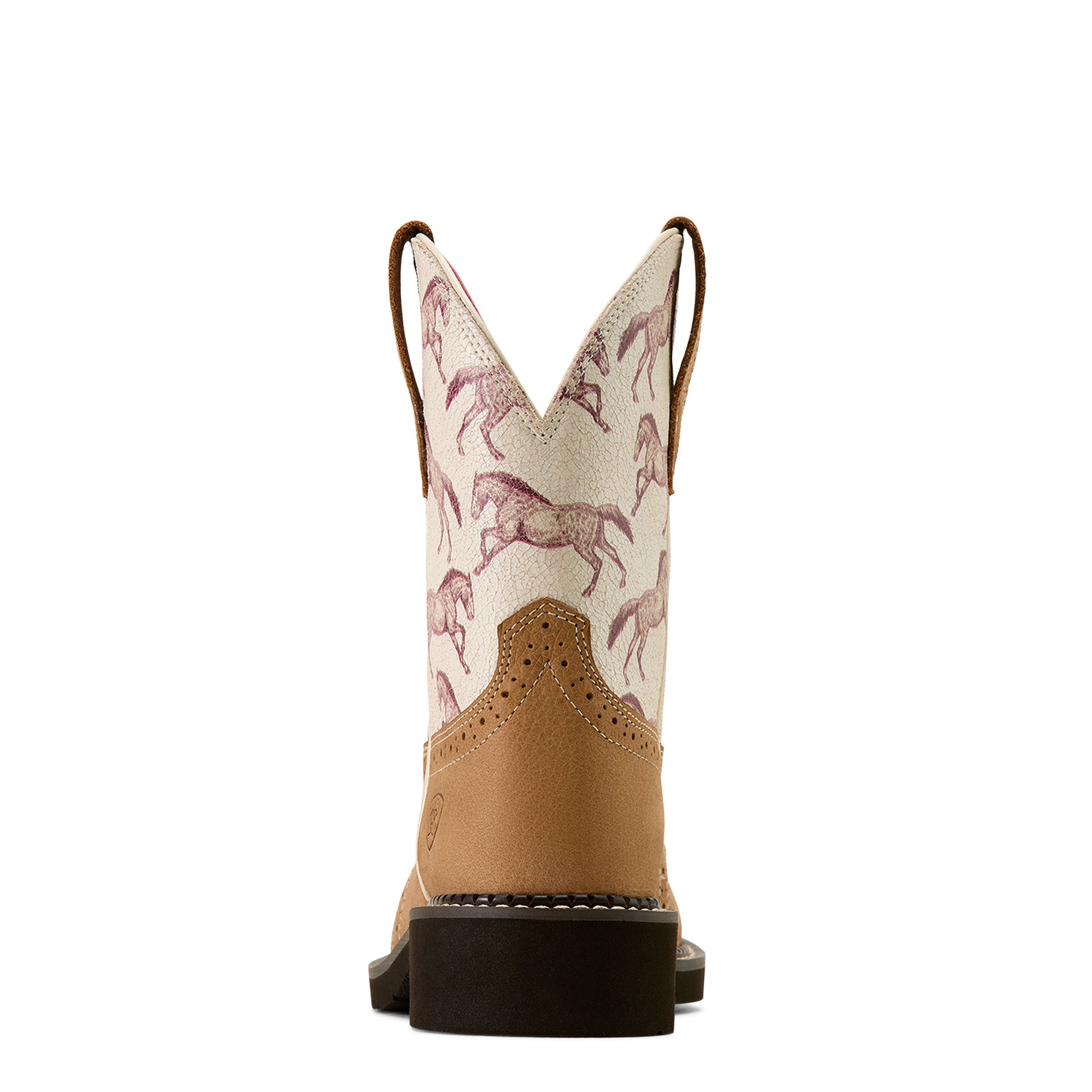 Tan Ariat cowboy boot with horse pattern on a white background