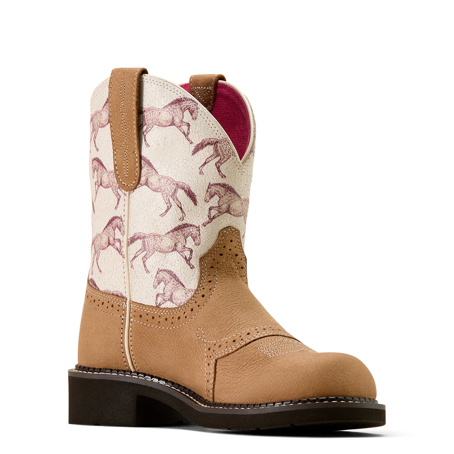 Tan Ariat cowboy boot with horse pattern on a white background
