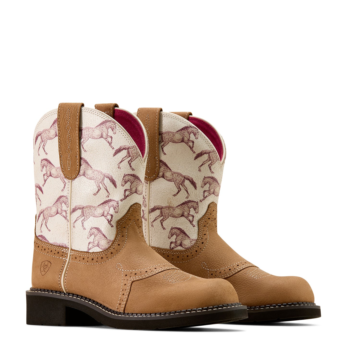 Tan Ariat cowboy boots with horse pattern on a white background