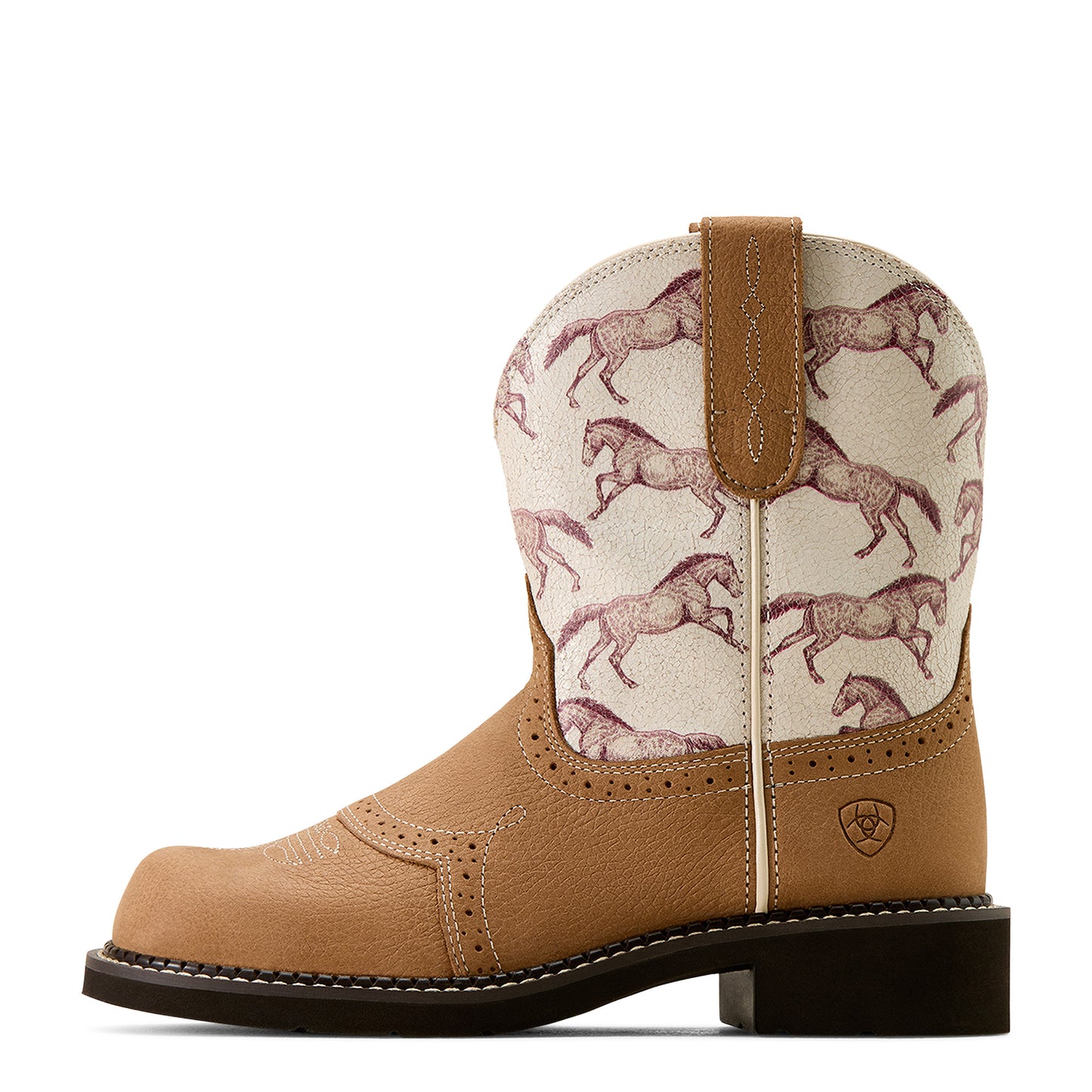 Tan Ariat cowboy boot with horse pattern on a white background