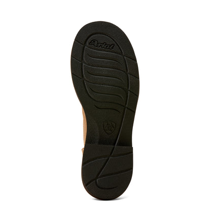 Black sole of a cowboy boot with Ariat brand logo on a white background