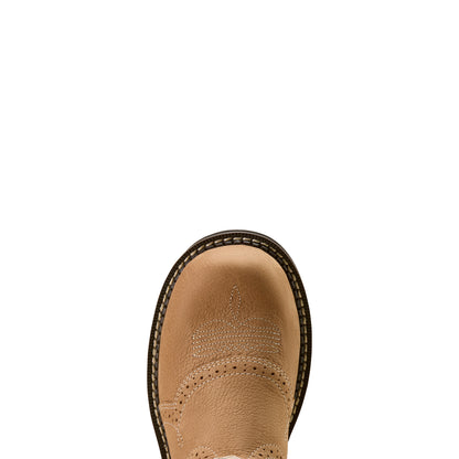 Tan Ariat cowboy boot sole on a white background