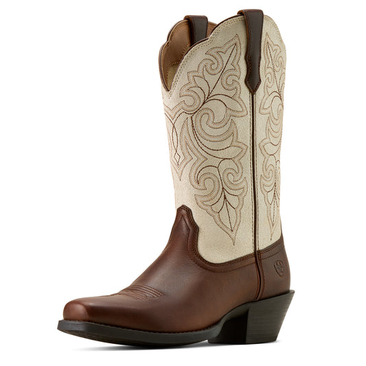 Brown and beige ariat cowboy boot with intricate white stitching on a white background