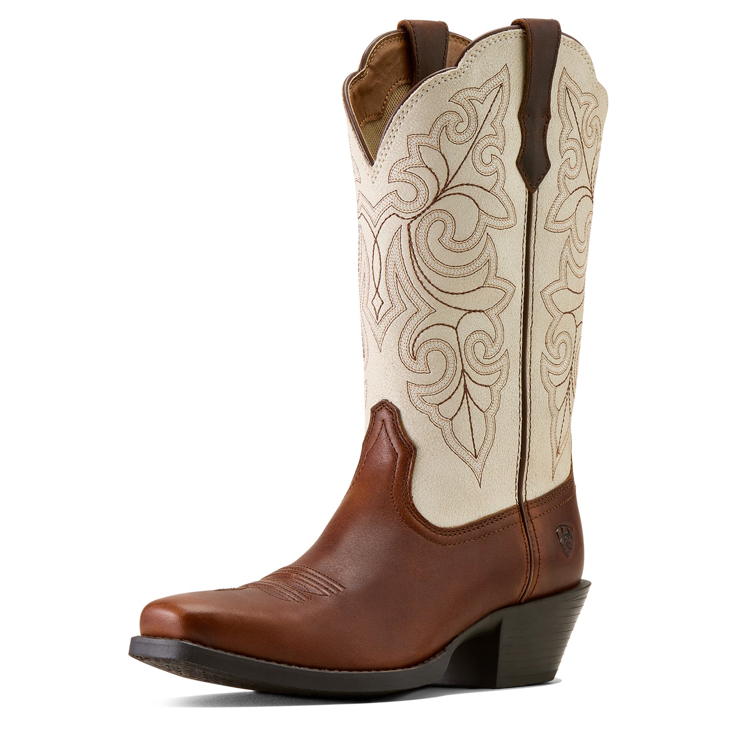 Brown and beige ariat cowboy boot with intricate white stitching on a white background