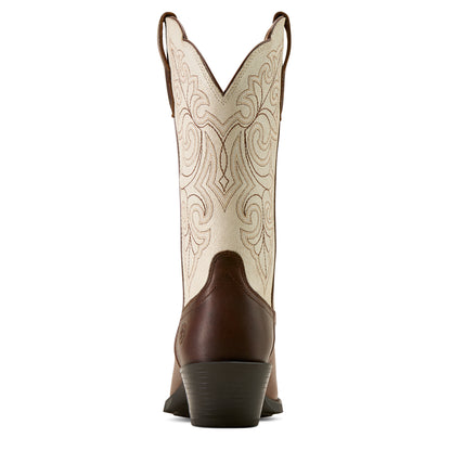 Brown ariat cowboy boot with intricate white stitching on a white background