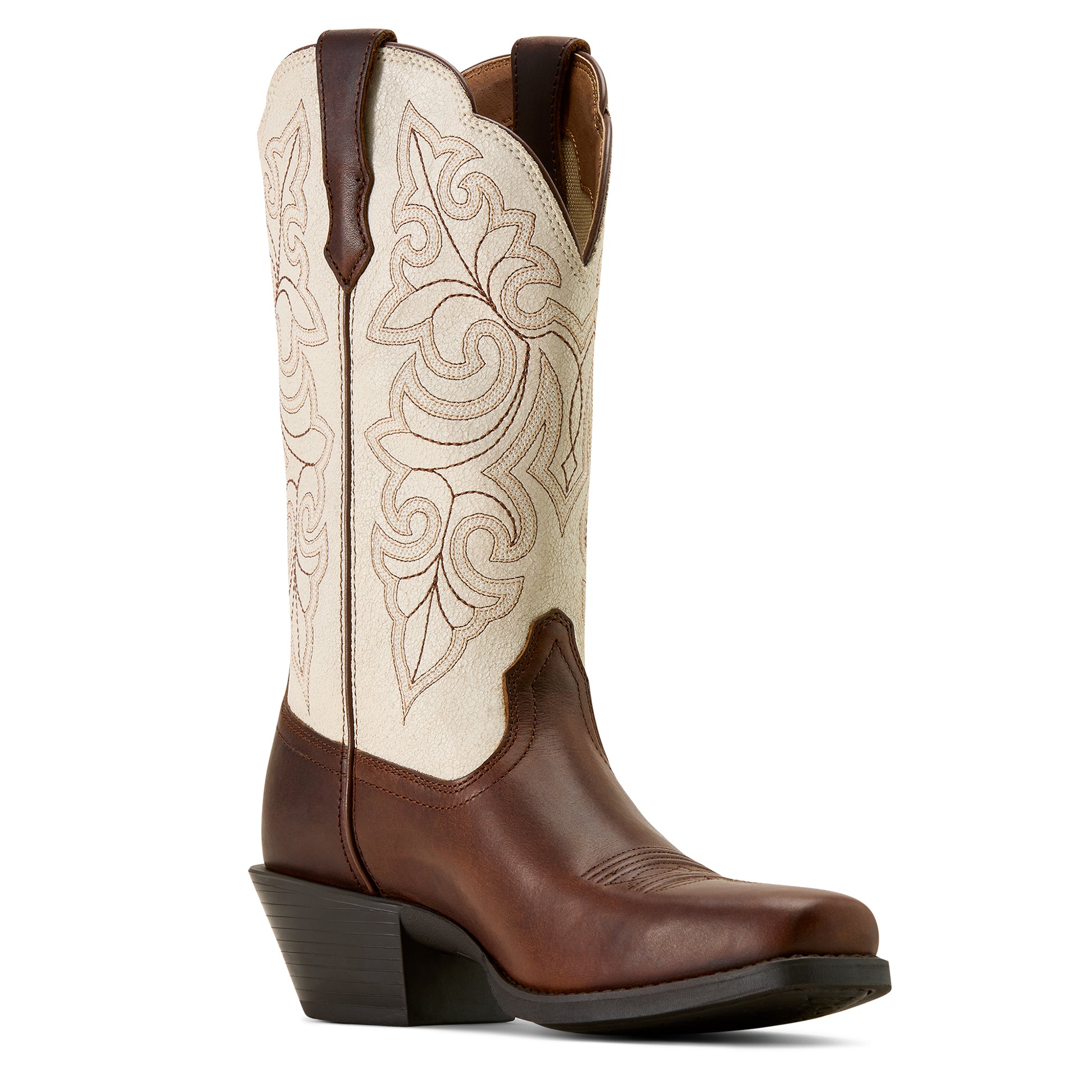 Brown and white ariat cowboy boot with intricate stitching on a white background
