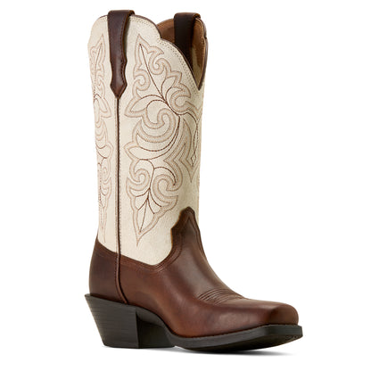 Brown and white ariat cowboy boot with intricate stitching on a white background