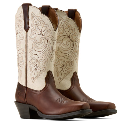 Brown and beige ariat cowboy boots with intricate designs on a white background