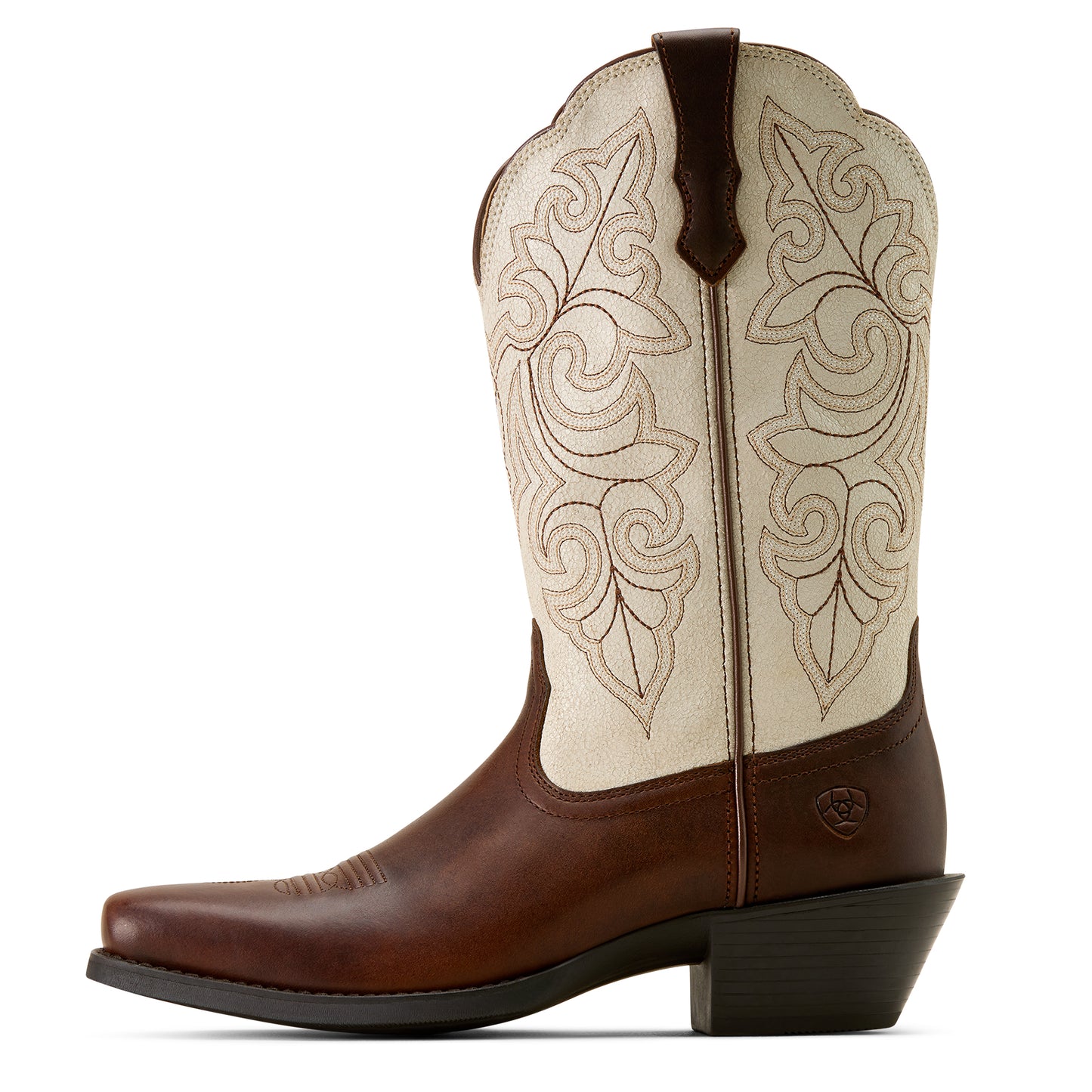 Brown and beige ariat cowboy boot with intricate white stitching on a white background