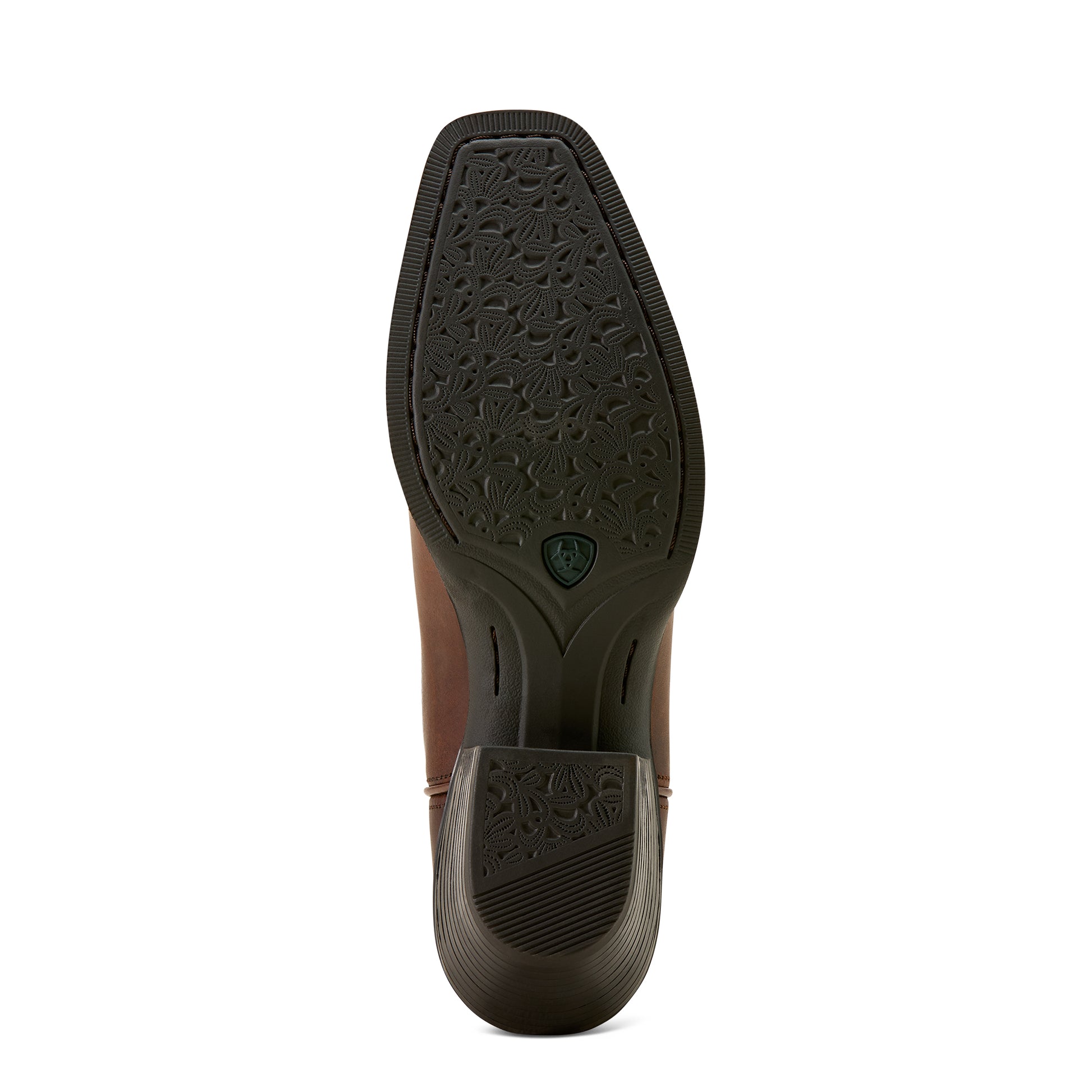 Black ariat boot sole with green tread pattern on a light gray background