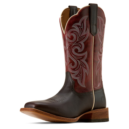 Brown and red ariat cowboy boot with intricate design on a white background