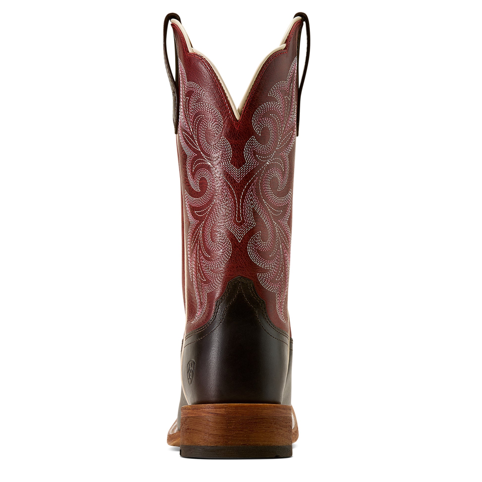 Brown and red ariat cowboy boot with intricate design on a white background
