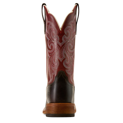 Brown and red ariat cowboy boot with intricate design on a white background