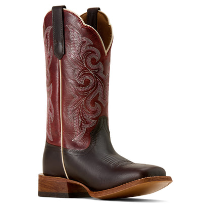 Brown and red ariat cowboy boot with intricate design on a white background