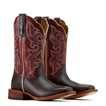 Pair of brown and red ariat cowboy boots with intricate designs on a white background