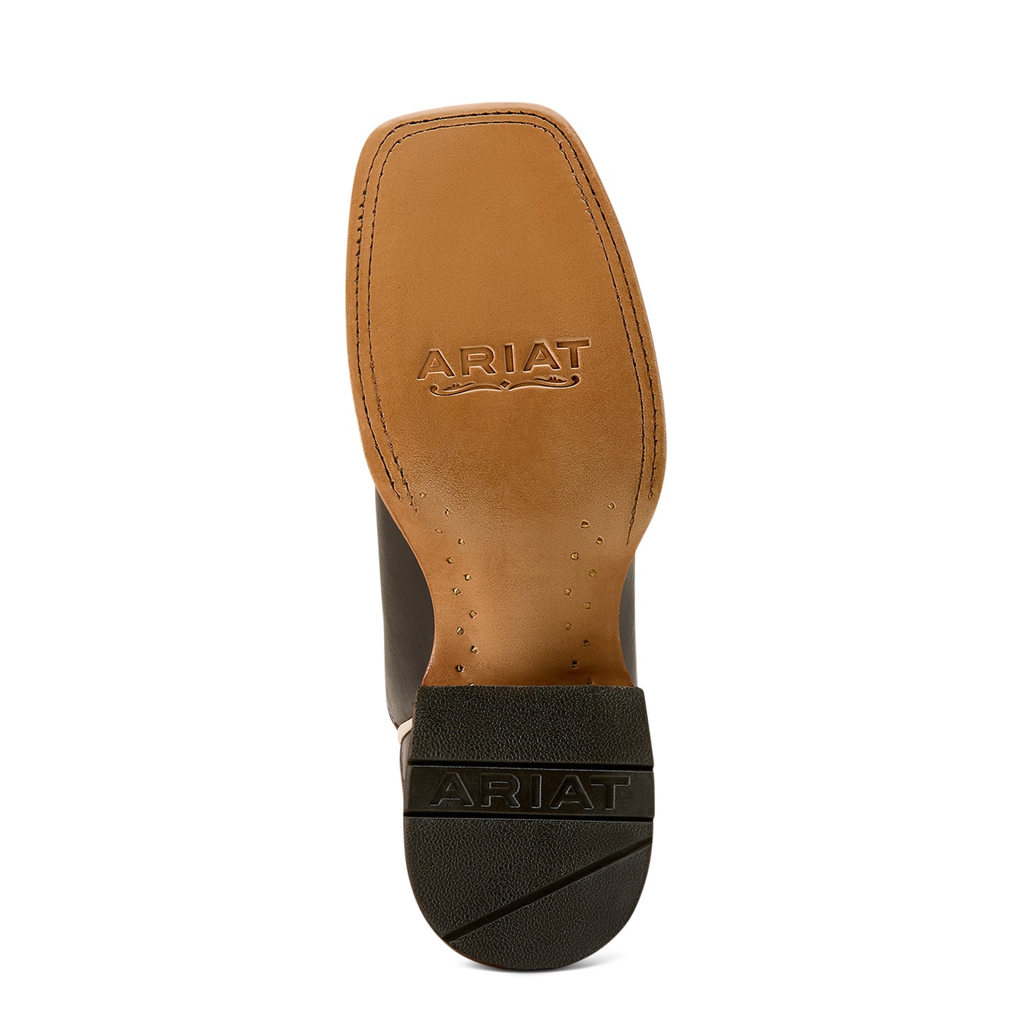 Close-up of a leather cowboy boot sole with Ariat logo on a white background