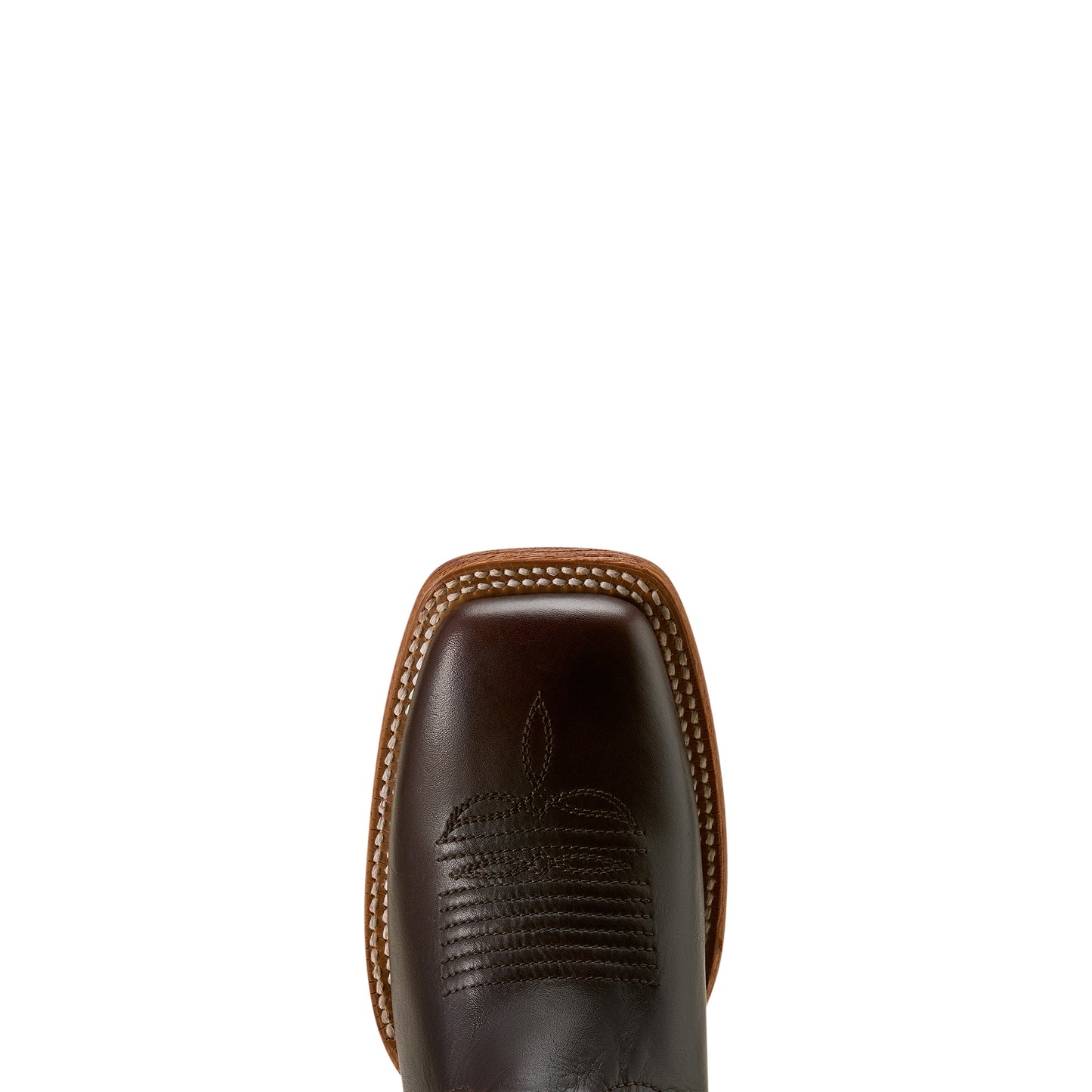 Brown leather ariat cowboy boot sole with stitching detail on a white background
