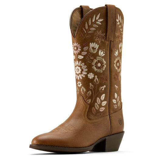 Brown Ariat boot with floral design on white background