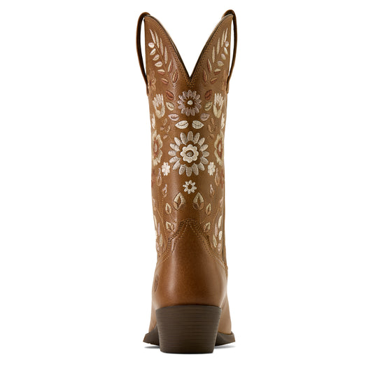 back of brown Ariat boot with floral design on white background