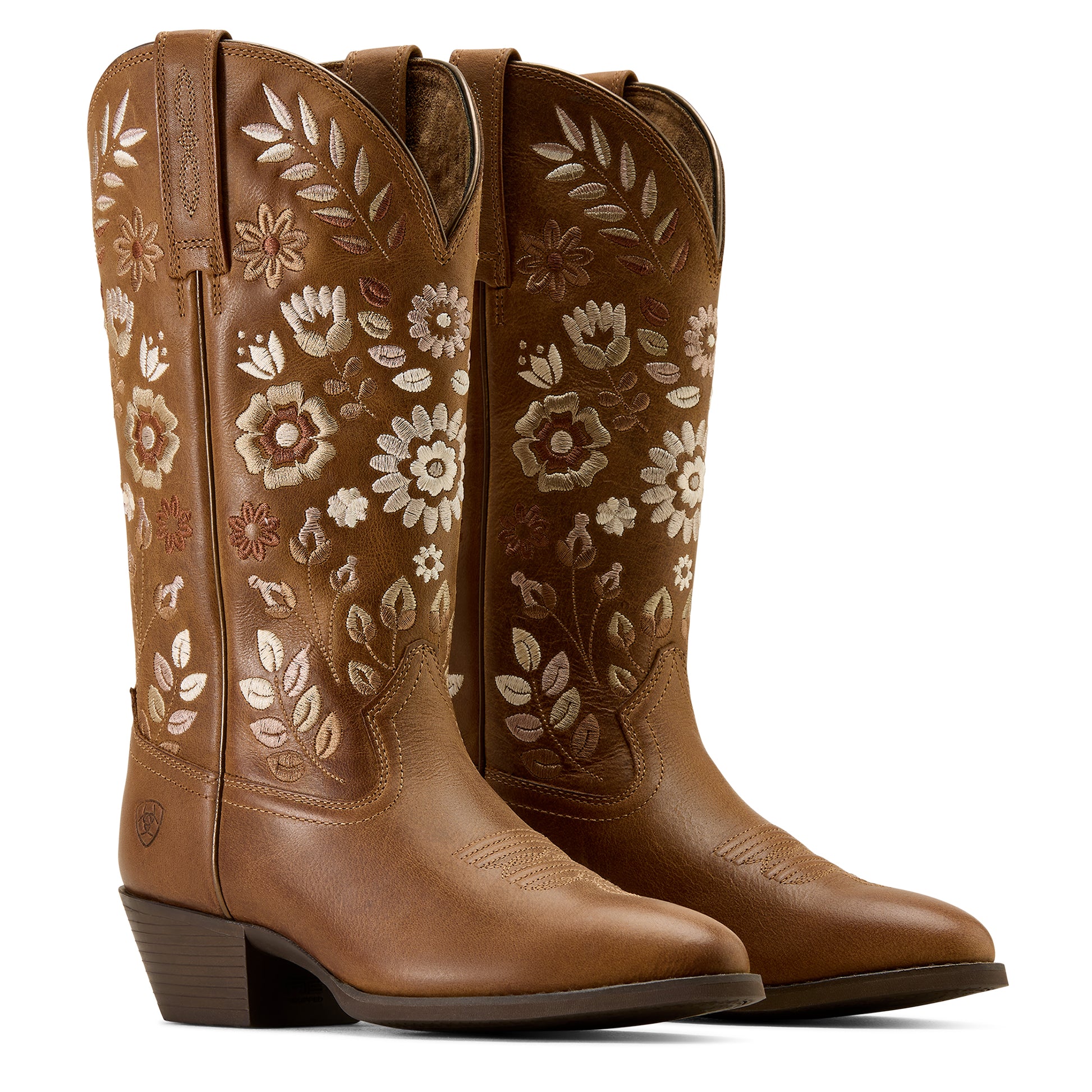 Brown Ariat cowboy boots with floral design on white background